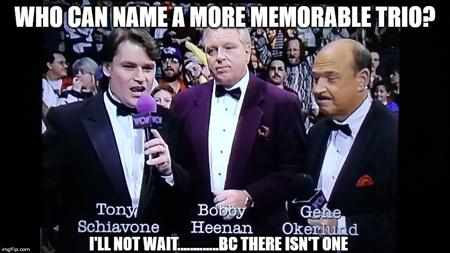 WHO CAN NAME A MORE MEMORABLE TRIO? I'LL NOT WAIT.............BC THERE ISN'T ONE | image tagged in wcw,wwe,wrestling,hulk hogan,vince mcmahon,undertaker | made w/ Imgflip meme maker