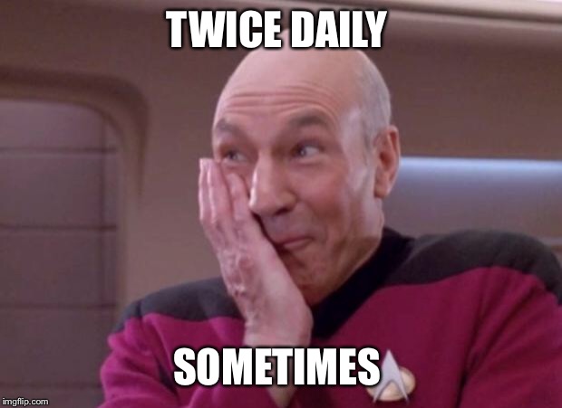 Picard smirk | TWICE DAILY SOMETIMES | image tagged in picard smirk | made w/ Imgflip meme maker