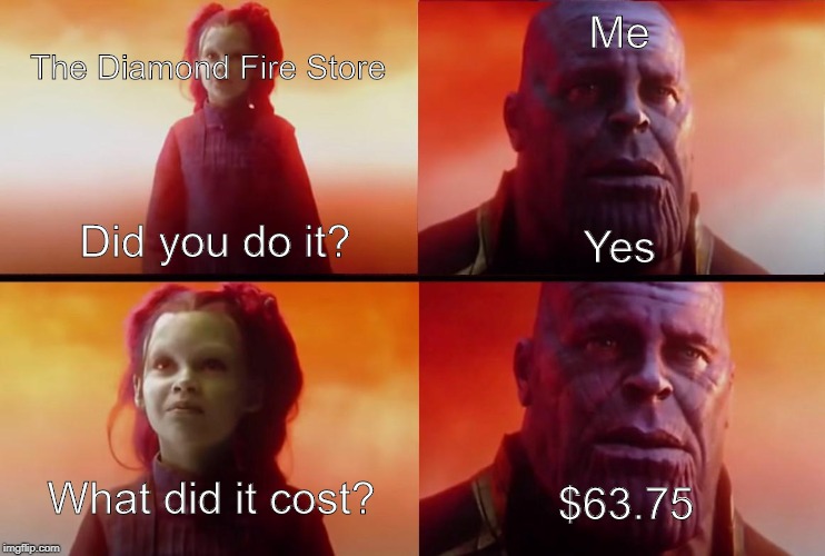 thanos what did it cost | The Diamond Fire Store; Me; Did you do it? Yes; What did it cost? $63.75 | image tagged in thanos what did it cost | made w/ Imgflip meme maker