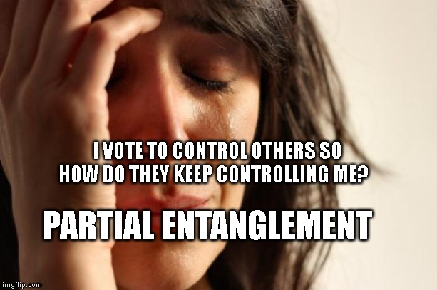 First World Problems | I VOTE TO CONTROL OTHERS SO HOW DO THEY KEEP CONTROLLING ME? PARTIAL ENTANGLEMENT | image tagged in memes,first world problems | made w/ Imgflip meme maker