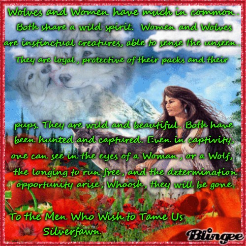 Native American Wisdom | Wolves and Women have much in common. Both share a wild spirit.  Women and Wolves; are instinctual creatures, able to sense the unseen. They are loyal, protective of their packs and their; pups. They are wild and beautiful. Both have; been hunted and captured. Even in captivity, one can see in the eyes of a Woman, or a Wolf, the longing to run free, and the determination; opportunity arise, Whoosh, they will be gone. To the Men Who Wish to Tame Us; Silverfawn | image tagged in native american,native americans,american indian,wolves,animals,tribe | made w/ Imgflip meme maker