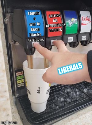 Double Soda Pour | CALLING ALL REPUBLICANS RACISTS; Fought a war to keep blacks as slaves; LIBERALS | image tagged in double soda pour | made w/ Imgflip meme maker