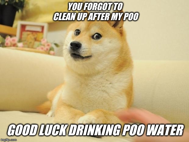 Doge 2 Meme | YOU FORGOT TO CLEAN UP AFTER MY POO; GOOD LUCK DRINKING POO WATER | image tagged in memes,doge 2 | made w/ Imgflip meme maker
