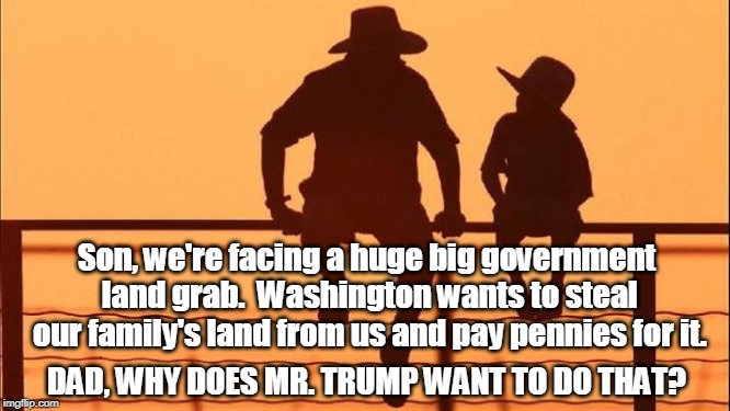 Cowboy father and son | Son, we're facing a huge big government land grab. 
Washington wants to steal our family's land from us and pay pennies for it. DAD, WHY DOES MR. TRUMP WANT TO DO THAT? | image tagged in cowboy father and son,trump,big government,washington,wall | made w/ Imgflip meme maker