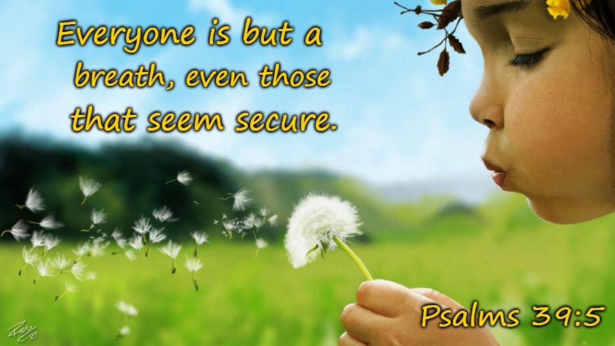 Psalms 39:5 Everyone Is But A Breath |  Everyone is but a; breath, even those; that seem secure. Psalms 39:5 | image tagged in bible,bible quote,bible verse,holy bible,holy spirit,god | made w/ Imgflip meme maker