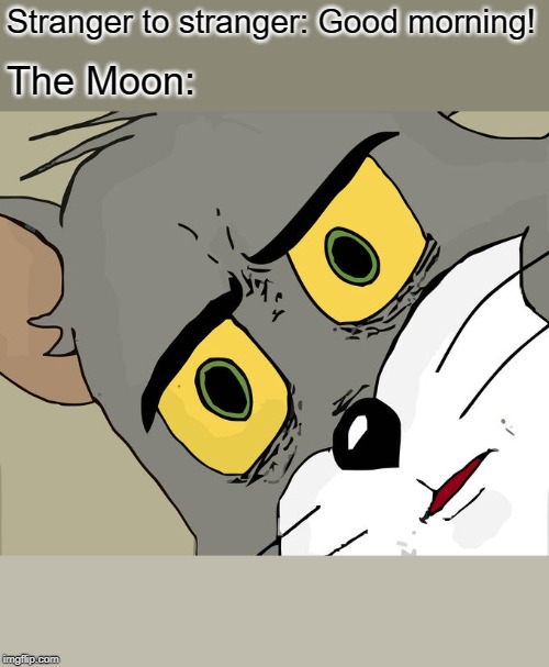 Unsettled Tom | Stranger to stranger: Good morning! The Moon: | image tagged in memes,unsettled tom | made w/ Imgflip meme maker