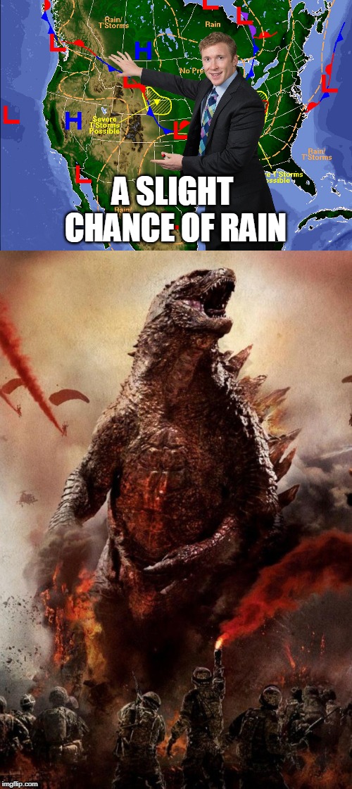 godzilla rain | A SLIGHT CHANCE OF RAIN | image tagged in weather,godzilla | made w/ Imgflip meme maker