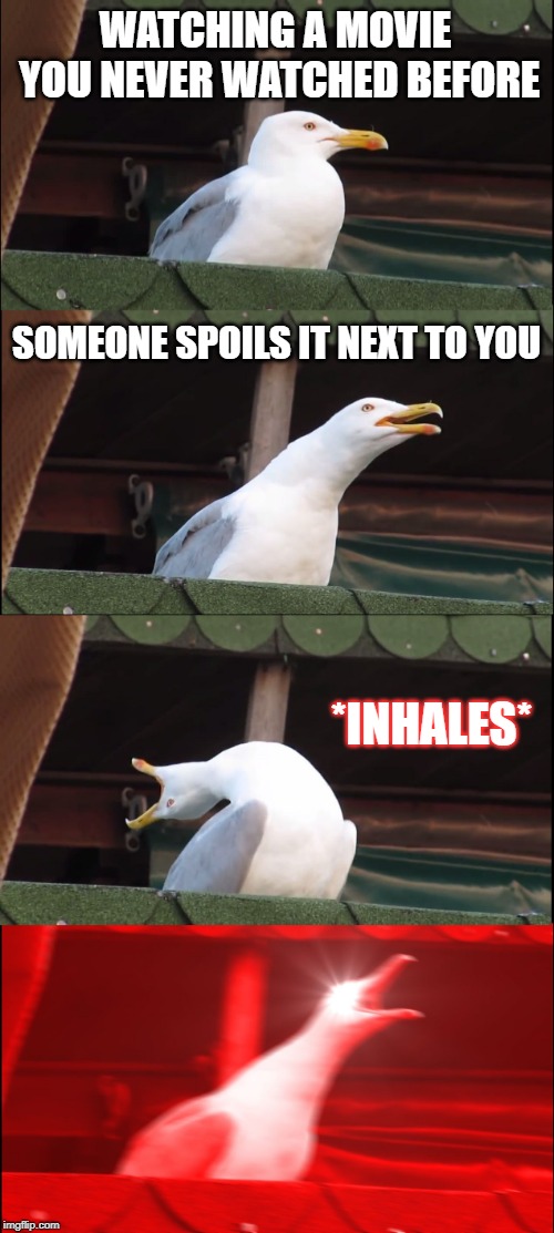 Inhaling Seagull | WATCHING A MOVIE YOU NEVER WATCHED BEFORE; SOMEONE SPOILS IT NEXT TO YOU; *INHALES* | image tagged in memes,inhaling seagull | made w/ Imgflip meme maker