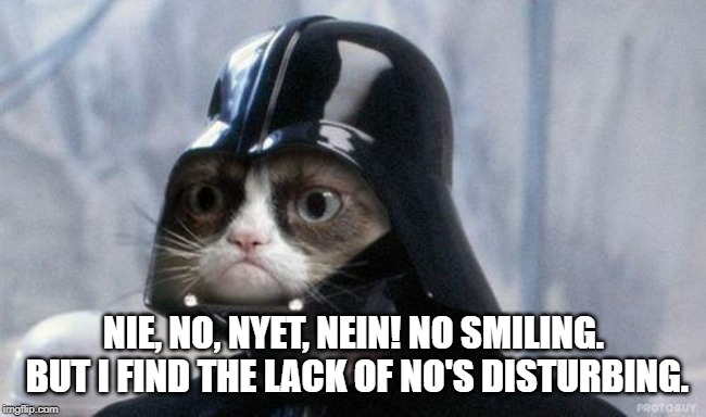 Grumpy Cat Star Wars Meme | NIE, NO, NYET, NEIN! NO SMILING. BUT I FIND THE LACK OF NO'S DISTURBING. | image tagged in memes,grumpy cat star wars,grumpy cat | made w/ Imgflip meme maker