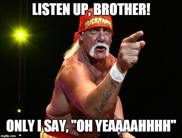 Hulk Hogan | LISTEN UP, BROTHER! ONLY I SAY, "OH YEAAAAHHHH" | image tagged in hulk hogan | made w/ Imgflip meme maker