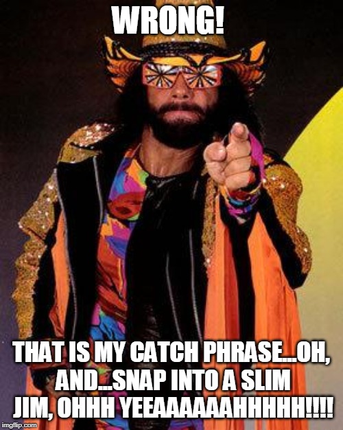 Macho Man | WRONG! THAT IS MY CATCH PHRASE...OH, AND...SNAP INTO A SLIM JIM, OHHH YEEAAAAAAHHHHH!!!! | image tagged in macho man | made w/ Imgflip meme maker