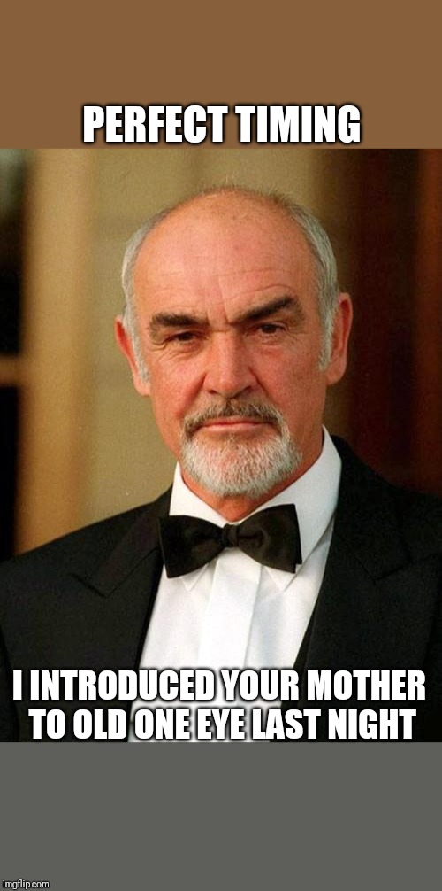 sean connery |  PERFECT TIMING; I INTRODUCED YOUR MOTHER TO OLD ONE EYE LAST NIGHT | image tagged in sean connery | made w/ Imgflip meme maker