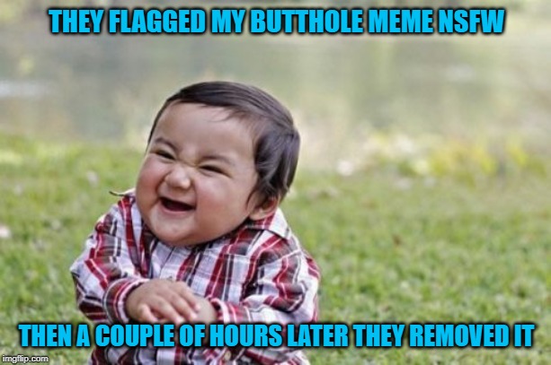 Evil Toddler Meme | THEY FLAGGED MY BUTTHOLE MEME NSFW THEN A COUPLE OF HOURS LATER THEY REMOVED IT | image tagged in memes,evil toddler | made w/ Imgflip meme maker