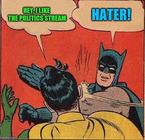 Batman Slapping Robin Meme | HEY, I LIKE THE POLITICS STREAM HATER! | image tagged in memes,batman slapping robin | made w/ Imgflip meme maker