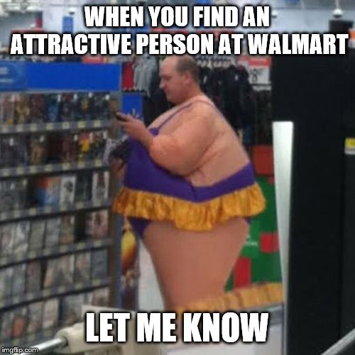 walmart person, i guess | WHEN YOU FIND AN ATTRACTIVE PERSON AT WALMART LET ME KNOW | image tagged in walmart person i guess | made w/ Imgflip meme maker