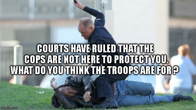 Cop Beating | COURTS HAVE RULED THAT THE COPS ARE NOT HERE TO PROTECT YOU. WHAT DO YOU THINK THE TROOPS ARE FOR ? | image tagged in cop beating | made w/ Imgflip meme maker