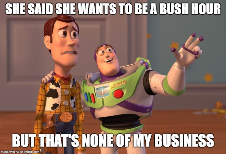 X, X Everywhere | SHE SAID SHE WANTS TO BE A BUSH HOUR; BUT THAT'S NONE OF MY BUSINESS | image tagged in memes,x x everywhere | made w/ Imgflip meme maker