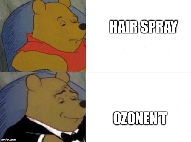 Tuxedo Winnie The Pooh Meme | HAIR SPRAY; OZONEN’T | image tagged in tuxedo winnie the pooh | made w/ Imgflip meme maker
