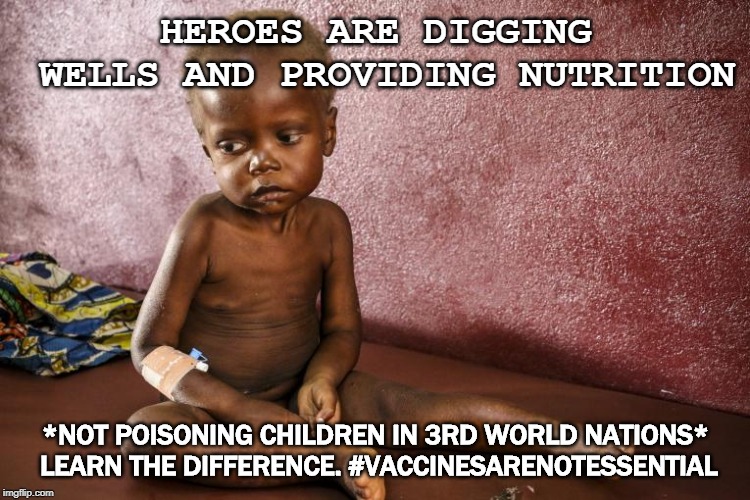 HEROES ARE DIGGING WELLS AND PROVIDING NUTRITION; *NOT POISONING CHILDREN IN 3RD WORLD NATIONS* LEARN THE DIFFERENCE. #VACCINESARENOTESSENTIAL | image tagged in malnutrition,vaccines | made w/ Imgflip meme maker