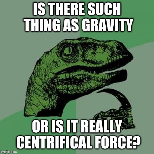 forget everything you thought you knew | IS THERE SUCH THING AS GRAVITY; OR IS IT REALLY CENTRIFICAL FORCE? | image tagged in memes,philosoraptor,funny,air force,gravity | made w/ Imgflip meme maker