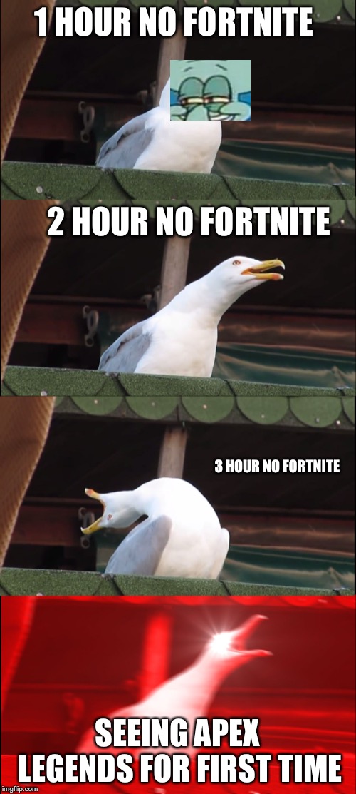 Inhaling Seagull | 1 HOUR NO FORTNITE; 2 HOUR NO FORTNITE; 3 HOUR NO FORTNITE; SEEING APEX LEGENDS FOR FIRST TIME | image tagged in memes,inhaling seagull | made w/ Imgflip meme maker