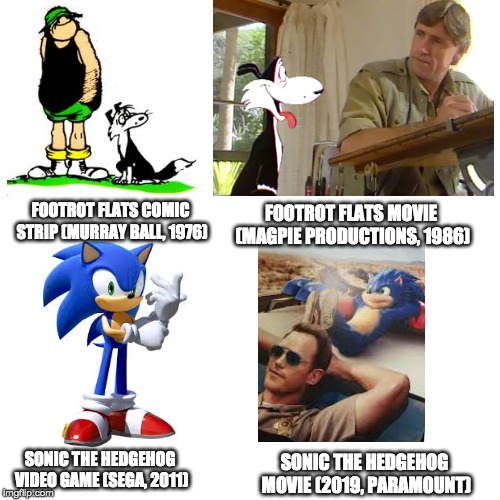 most people won't know what Footrot Flats is | FOOTROT FLATS MOVIE (MAGPIE PRODUCTIONS, 1986); FOOTROT FLATS COMIC STRIP (MURRAY BALL, 1976); SONIC THE HEDGEHOG VIDEO GAME (SEGA, 2011); SONIC THE HEDGEHOG MOVIE (2019, PARAMOUNT) | image tagged in sonic the hedgehog,footrot flats,sonic the hedgehog movie,memes,dank memes | made w/ Imgflip meme maker