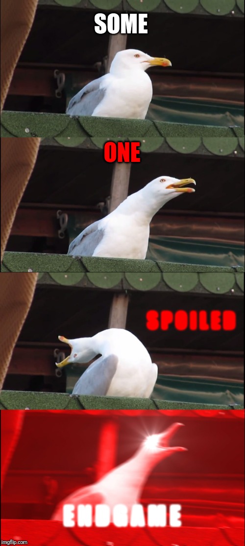 Inhaling Seagull | SOME; ONE; S P O I L E D; E N D G A M E | image tagged in memes,inhaling seagull | made w/ Imgflip meme maker