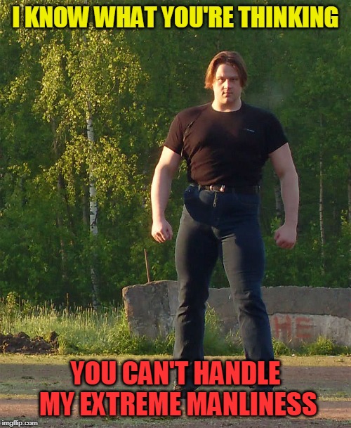 Soyless Wonder | I KNOW WHAT YOU'RE THINKING; YOU CAN'T HANDLE MY EXTREME MANLINESS | image tagged in overly manly man,manly | made w/ Imgflip meme maker