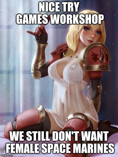 Female Space Marines | NICE TRY GAMES WORKSHOP; WE STILL DON'T WANT FEMALE SPACE MARINES | image tagged in space marines,warhammer 40k,blood angels,emperor,master of mankind | made w/ Imgflip meme maker