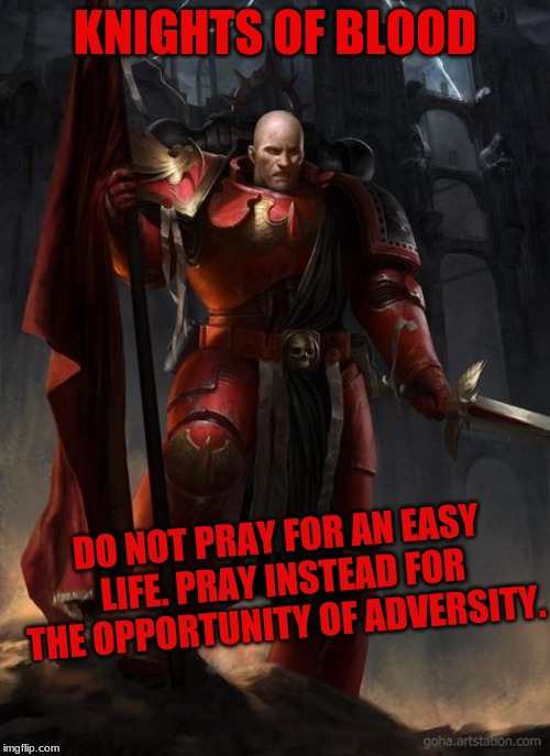 Never Forget 999.M41 | KNIGHTS OF BLOOD; DO NOT PRAY FOR AN EASY LIFE.
PRAY INSTEAD FOR THE OPPORTUNITY OF ADVERSITY. | image tagged in space marines,warhammer 40k,blood angels,blood angels legion,knights of blood | made w/ Imgflip meme maker