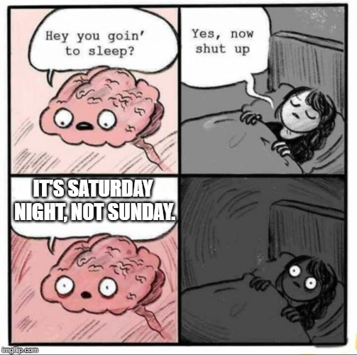 Brain Sleep Meme | IT'S SATURDAY NIGHT, NOT SUNDAY. | image tagged in brain sleep meme | made w/ Imgflip meme maker