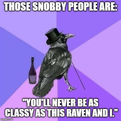 Rich Raven Meme | THOSE SNOBBY PEOPLE ARE:; "YOU'LL NEVER BE AS CLASSY AS THIS RAVEN AND I." | image tagged in memes,rich raven | made w/ Imgflip meme maker