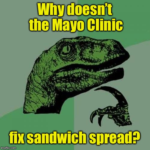 Philosoraptor Meme | Why doesn’t the Mayo Clinic fix sandwich spread? | image tagged in memes,philosoraptor | made w/ Imgflip meme maker