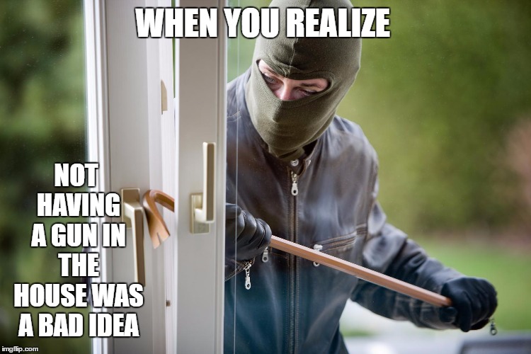 Burglar | NOT HAVING A GUN IN THE HOUSE WAS A BAD IDEA; WHEN YOU REALIZE | image tagged in burglar,random,gun control | made w/ Imgflip meme maker