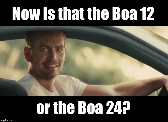 paul walker | Now is that the Boa 12 or the Boa 24? | image tagged in paul walker | made w/ Imgflip meme maker