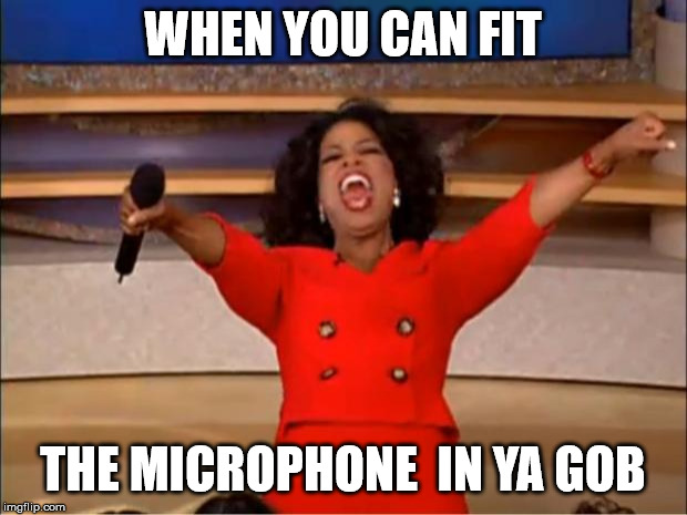 Oprah You Get A | WHEN YOU CAN FIT; THE MICROPHONE  IN YA GOB | image tagged in memes,oprah you get a | made w/ Imgflip meme maker