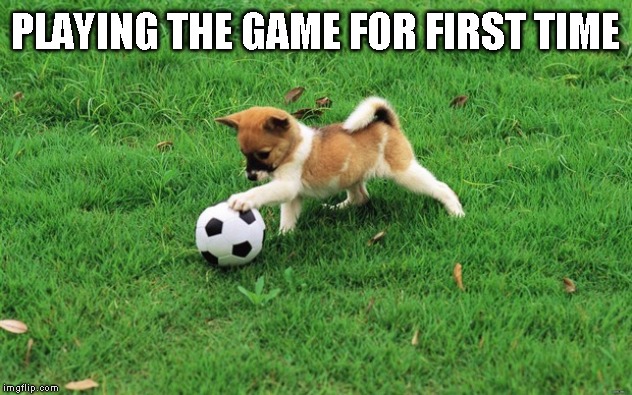 Soccer dog | PLAYING THE GAME FOR FIRST TIME | image tagged in soccer dog | made w/ Imgflip meme maker