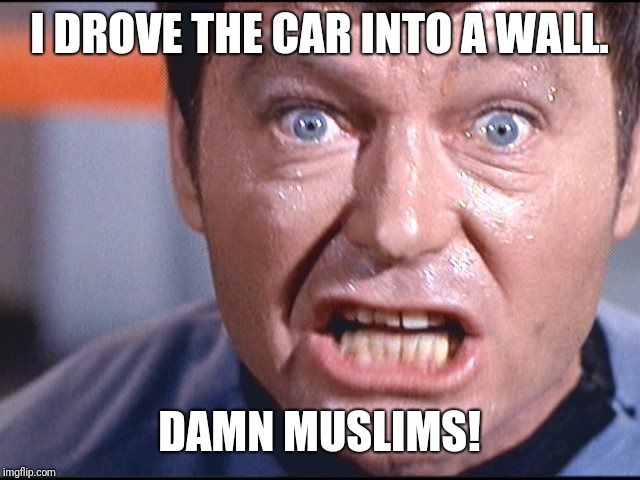 Placing blame | I DROVE THE CAR INTO A WALL. DAMN MUSLIMS! | image tagged in mccoy - damn it jim,that is totally true and i am not placing the blam on a convenient minority,it was the mechanic | made w/ Imgflip meme maker