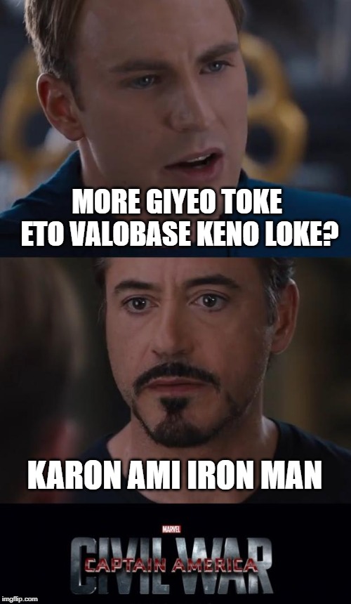 Marvel Civil War | MORE GIYEO TOKE ETO VALOBASE KENO LOKE? KARON AMI IRON MAN | image tagged in memes,marvel civil war | made w/ Imgflip meme maker