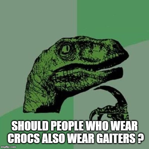 raptor | SHOULD PEOPLE WHO WEAR CROCS ALSO WEAR GAITERS ? | image tagged in raptor | made w/ Imgflip meme maker