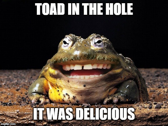 Funny Toad Smile | TOAD IN THE HOLE IT WAS DELICIOUS | image tagged in funny toad smile | made w/ Imgflip meme maker