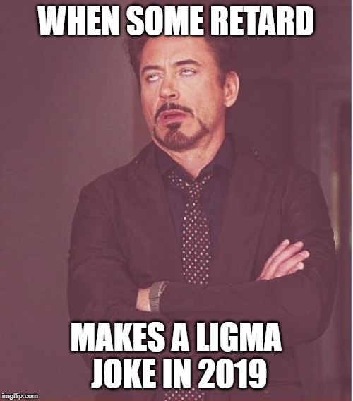 Face You Make Robert Downey Jr Meme | WHEN SOME RETARD MAKES A LIGMA JOKE IN 2019 | image tagged in memes,face you make robert downey jr | made w/ Imgflip meme maker