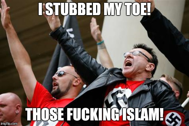 neo-Nazi | I STUBBED MY TOE! THOSE F**KING ISLAM! | image tagged in neo-nazi | made w/ Imgflip meme maker