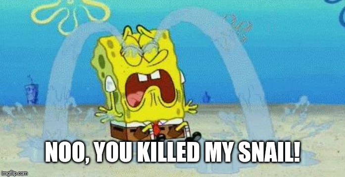 sad crying spongebob | NOO, YOU KILLED MY SNAIL! | image tagged in sad crying spongebob | made w/ Imgflip meme maker