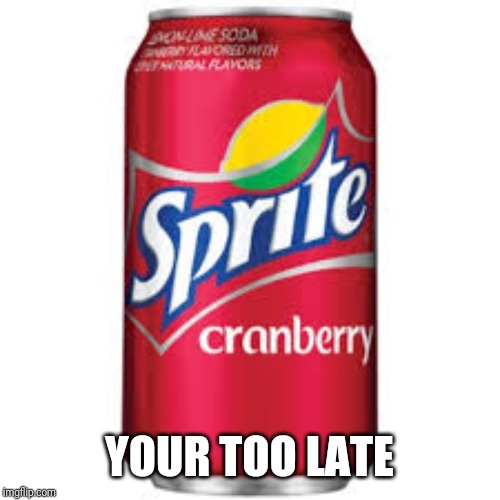 Sprite cranberry | YOUR TOO LATE | image tagged in sprite cranberry | made w/ Imgflip meme maker