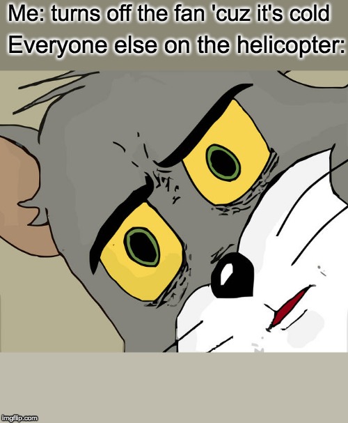 Unsettled Tom | Me: turns off the fan 'cuz it's cold; Everyone else on the helicopter: | image tagged in memes,unsettled tom | made w/ Imgflip meme maker