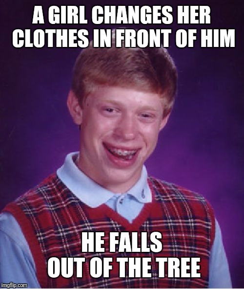 Bad Luck Brian Meme | A GIRL CHANGES HER CLOTHES IN FRONT OF HIM HE FALLS OUT OF THE TREE | image tagged in memes,bad luck brian | made w/ Imgflip meme maker