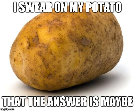 I am a potato | I SWEAR ON MY POTATO THAT THE ANSWER IS MAYBE | image tagged in i am a potato | made w/ Imgflip meme maker