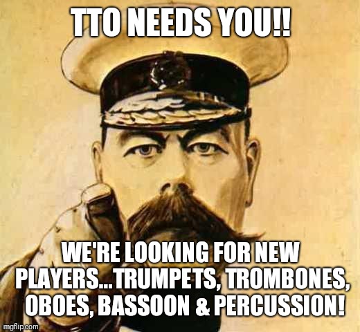 Your Country Needs YOU | TTO NEEDS YOU!! WE'RE LOOKING FOR NEW PLAYERS...TRUMPETS, TROMBONES,  OBOES, BASSOON & PERCUSSION! | image tagged in your country needs you | made w/ Imgflip meme maker
