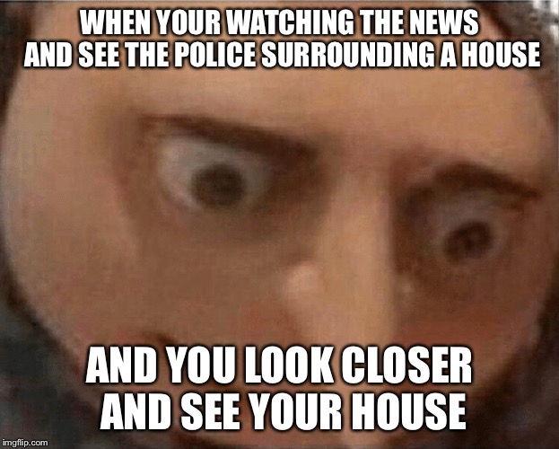 uh oh Gru | WHEN YOUR WATCHING THE NEWS AND SEE THE POLICE SURROUNDING A HOUSE; AND YOU LOOK CLOSER AND SEE YOUR HOUSE | image tagged in uh oh gru | made w/ Imgflip meme maker